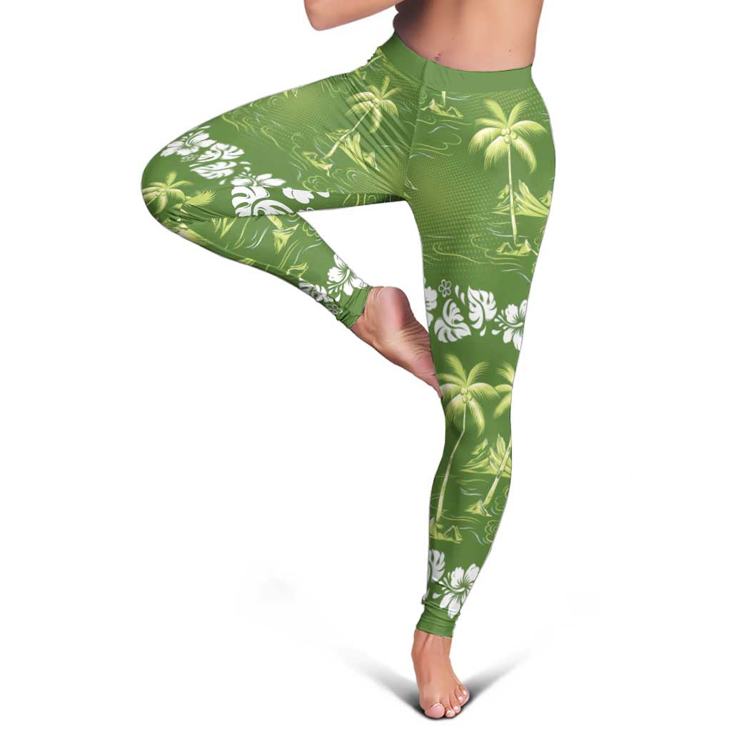 Olive Green Hawaii Palm Tree Hibiscus Leggings Fantasy Summer Vibe LT01 - Polynesian Pride