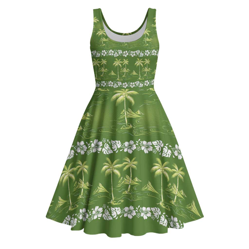 Olive Green Hawaii Palm Tree Hibiscus Midi Dress Fantasy Summer Vibe LT01 Olive - Polynesian Pride