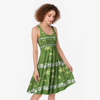 Olive Green Hawaii Palm Tree Hibiscus Midi Dress Fantasy Summer Vibe LT01 - Polynesian Pride