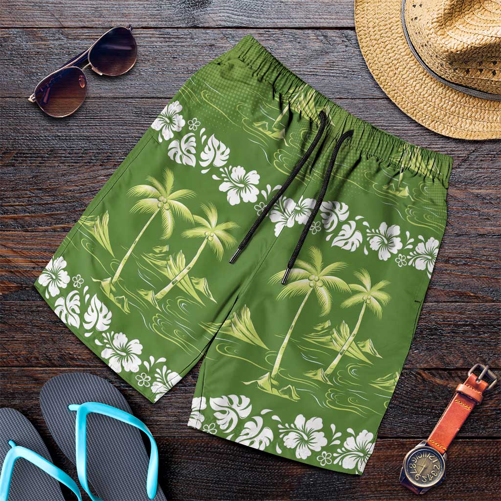 Olive Green Hawaii Palm Tree Hibiscus Shorts for Men Fantasy Summer Vibe LT01 Olive - Polynesian Pride
