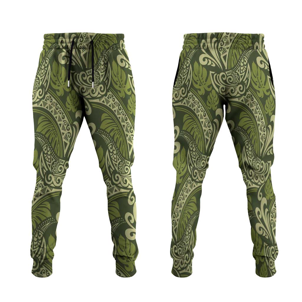 Olive Green Monstera Jogger Pants Polynesian Tribal Pattern LT01 Green - Polynesian Pride