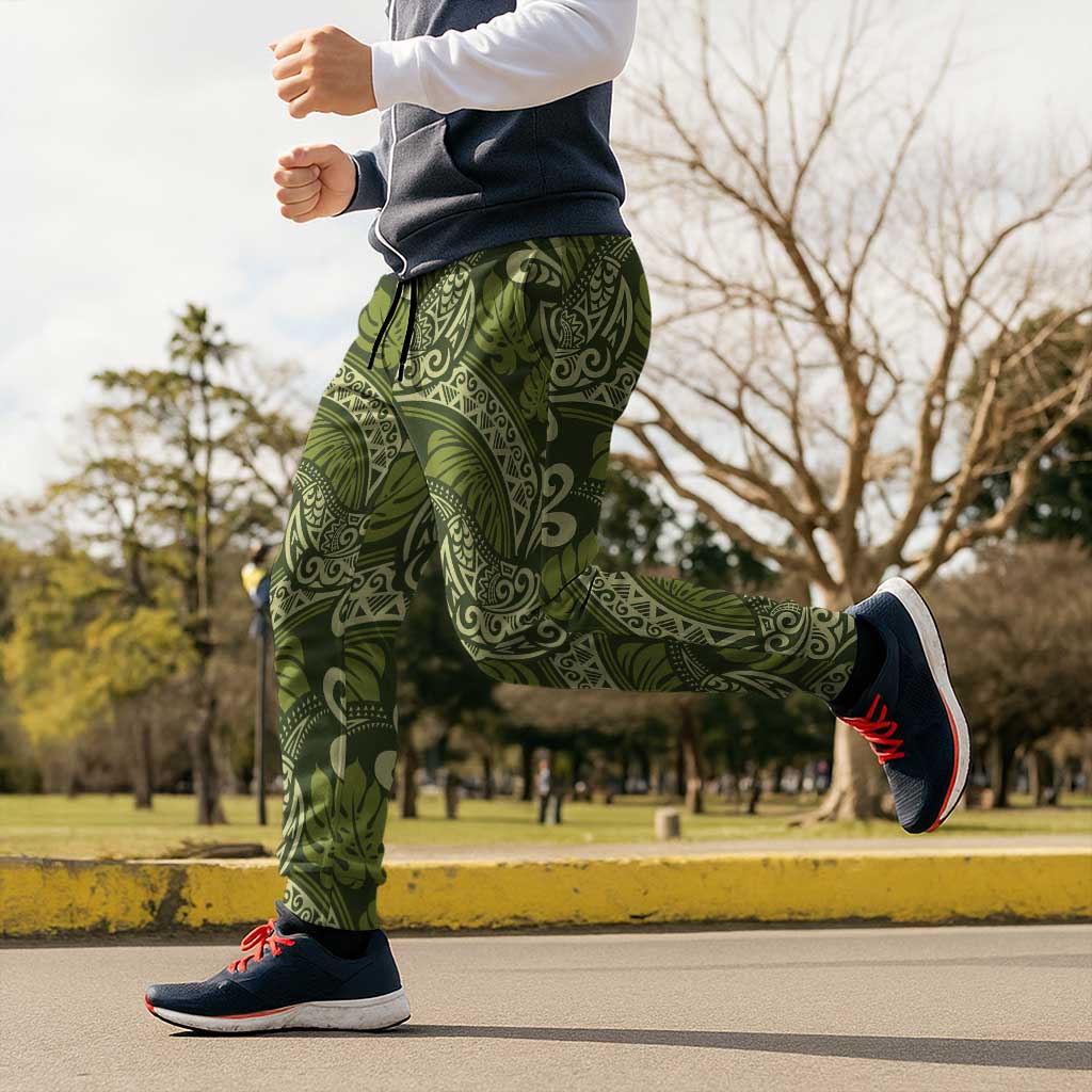 Olive Green Monstera Jogger Pants Polynesian Tribal Pattern - Polynesian Pride