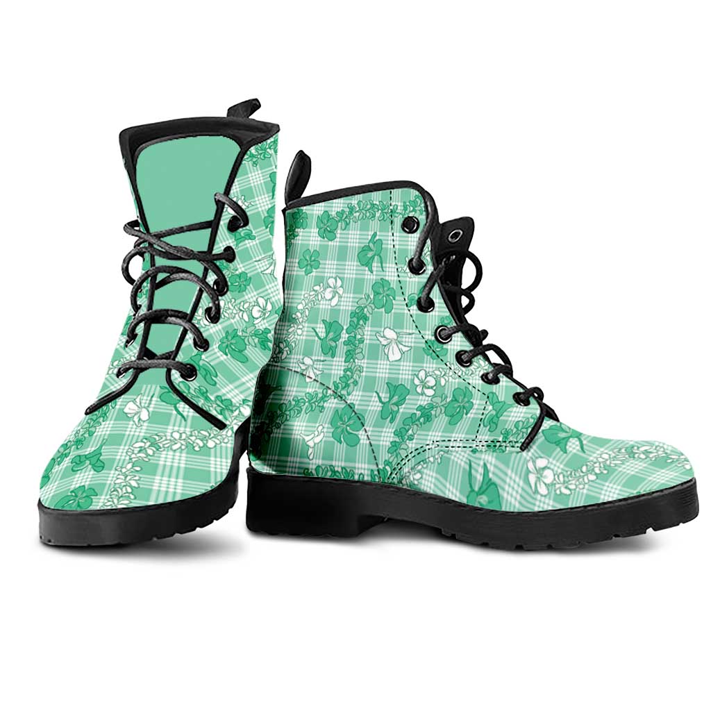 Omaomao Aloha Hawaii Leather Boots Plumeria Lei With Palaka Motif - Polynesian Pride