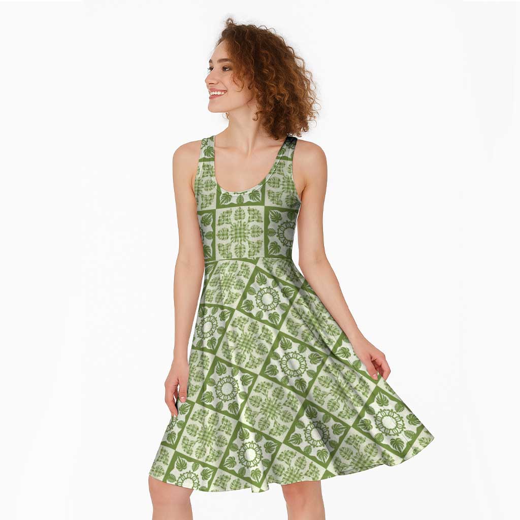 Omaomao Palaka Quilt Hawaii Midi Dress Hawaiian Tropical Monstera Sea Turtle