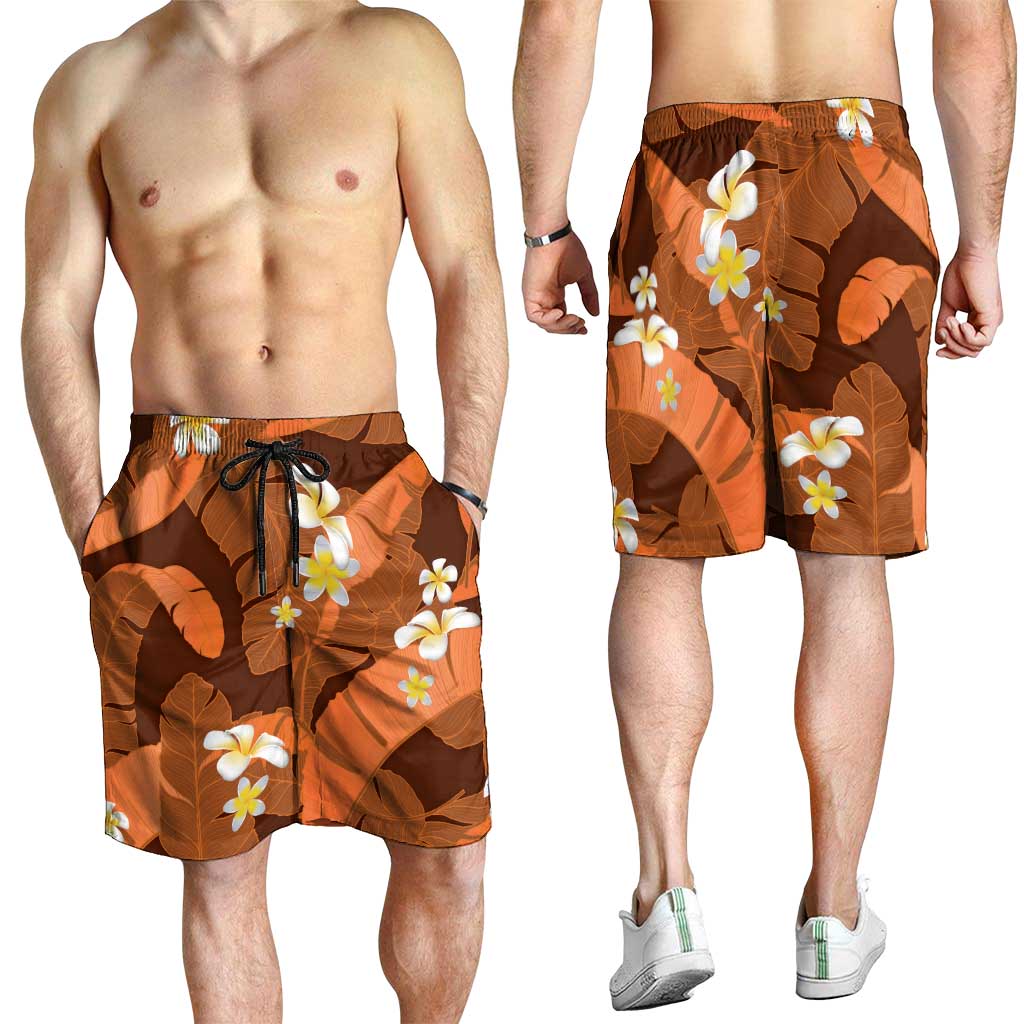 Orange Banana Leaf Hawaii Shorts for Men Lau Maia Plumeria Tropical Summer Vibes LT14 - Polynesian Pride