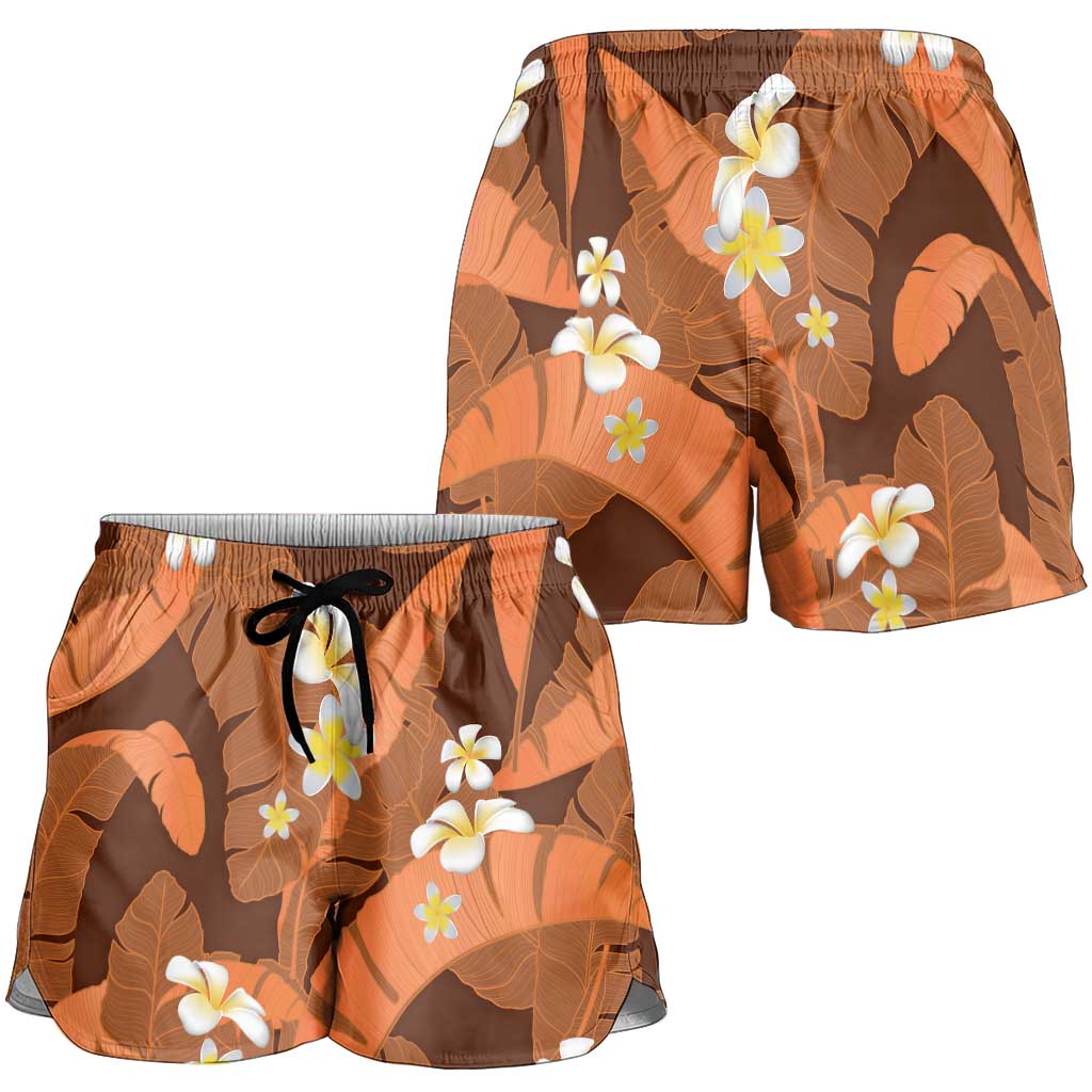 Orange Banana Leaf Hawaii Shorts for Women Lau Maia Plumeria Tropical Summer Vibes LT14 - Polynesian Pride