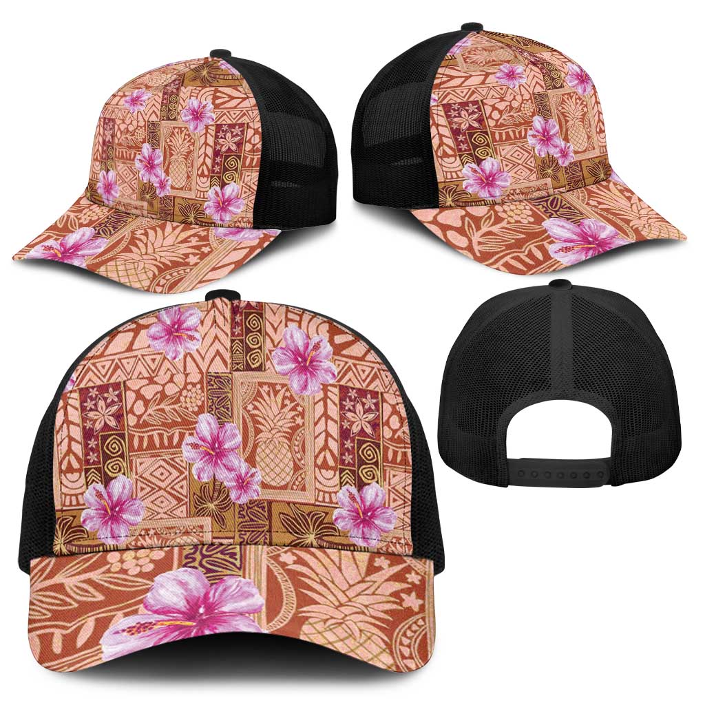 Orange Hawaii Hibiscus With Tropical Flowers Motifs Baseball Net Cap - Polynesian Pride