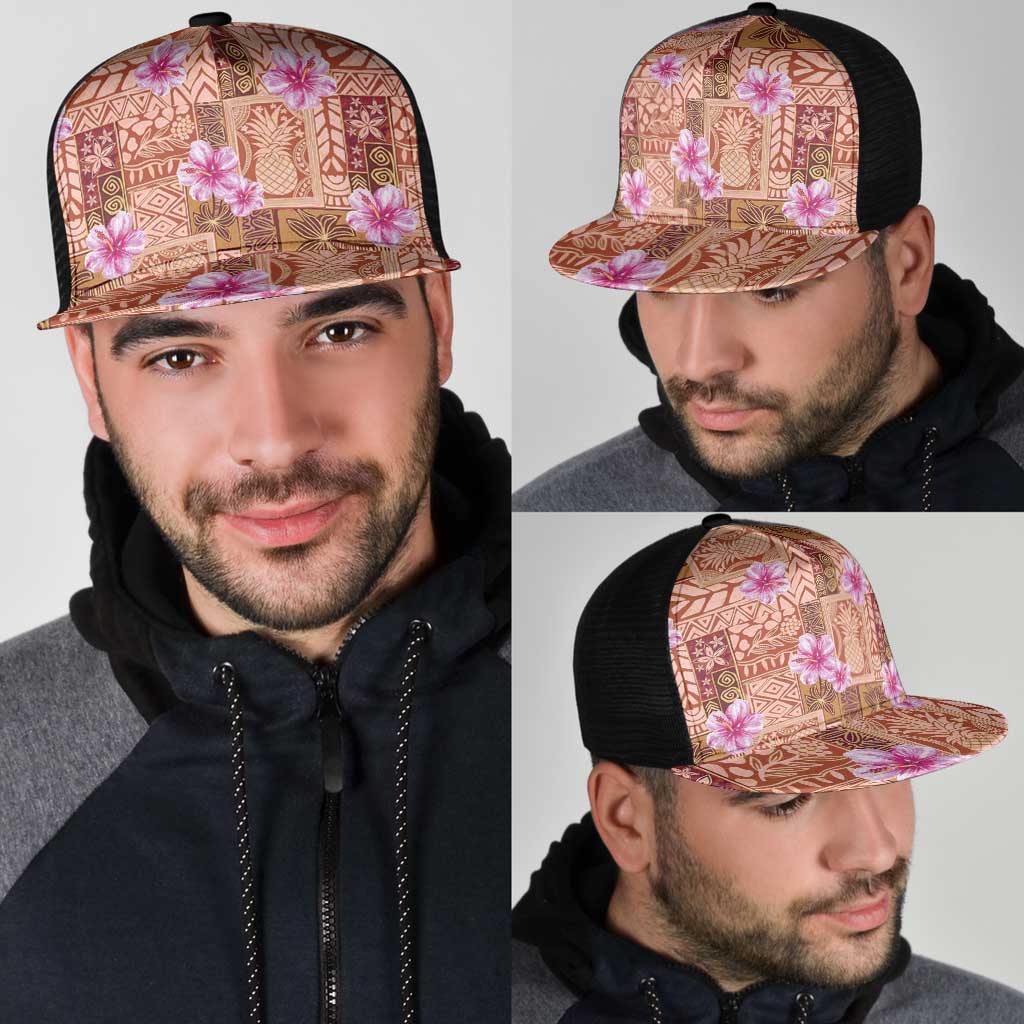 Orange Hawaii Hibiscus With Tropical Flowers Motifs Mesh Trucker Cap LT14 - Polynesian Pride