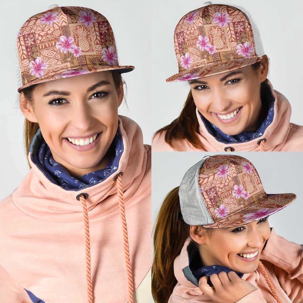 Orange Hawaii Hibiscus With Tropical Flowers Motifs Mesh Trucker Cap LT14 - Polynesian Pride