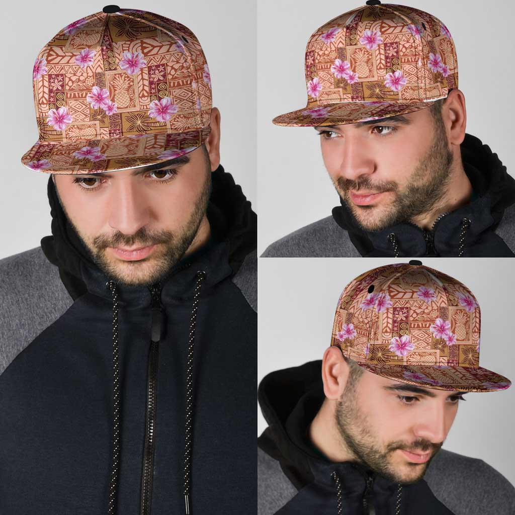 Orange Hawaii Hibiscus With Tropical Flowers Motifs Snapback Cap - Polynesian Pride