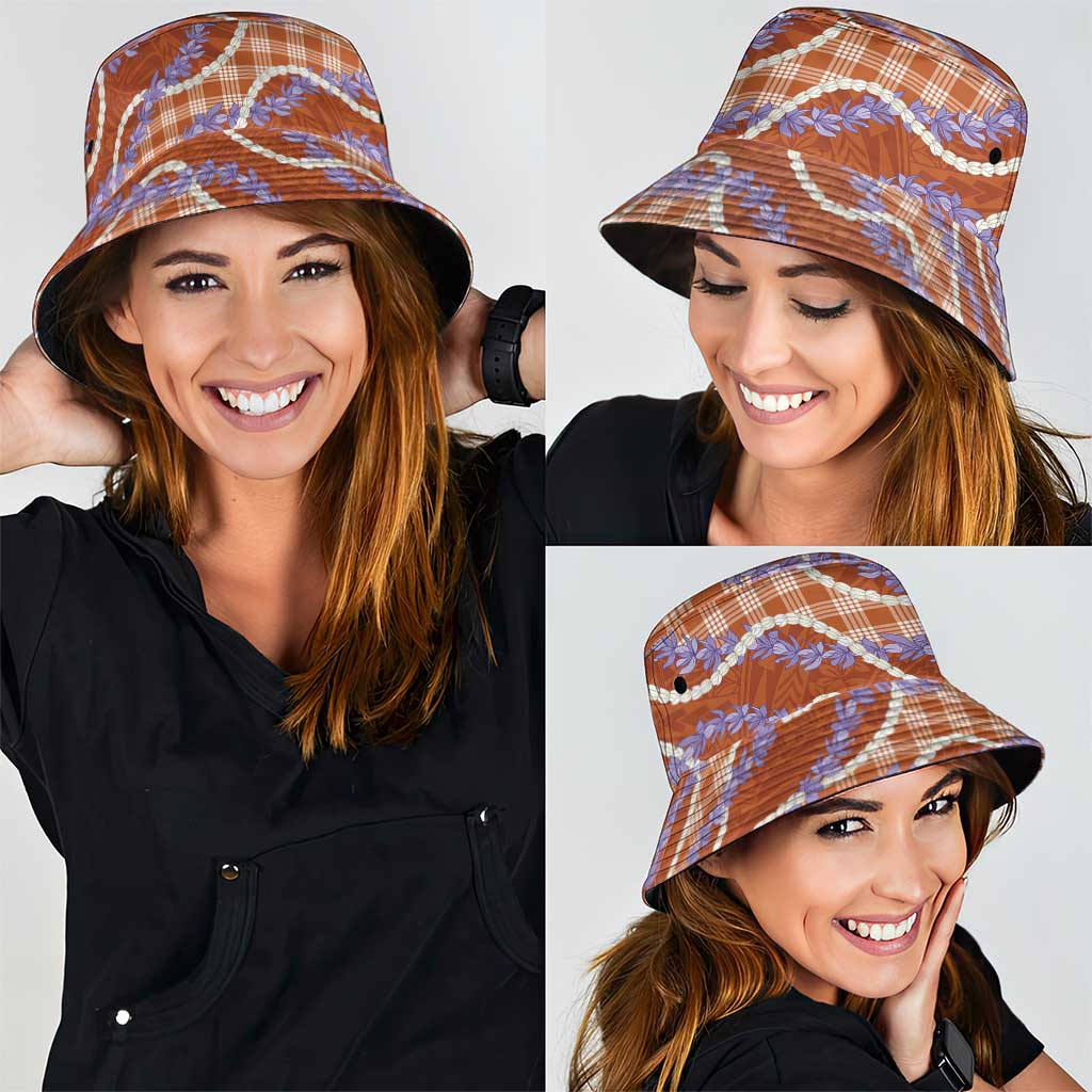 Orange Hawaii Palaka Honohono Pikake Bucket Hat Hawaiian Orchid Lei Polynesian Pattern - Polynesian Pride