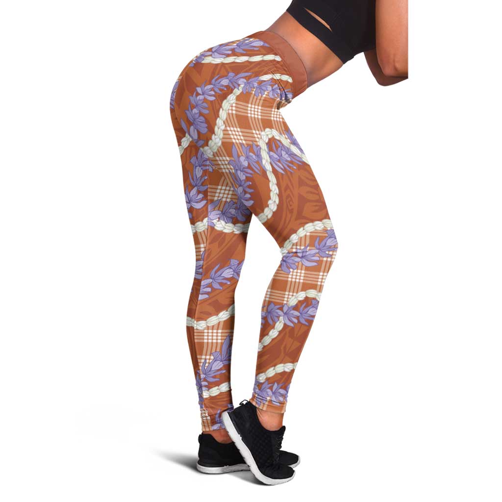 Orange Hawaii Palaka Honohono Pikake Leggings Hawaiian Orchid Lei Polynesian Pattern - Polynesian Pride