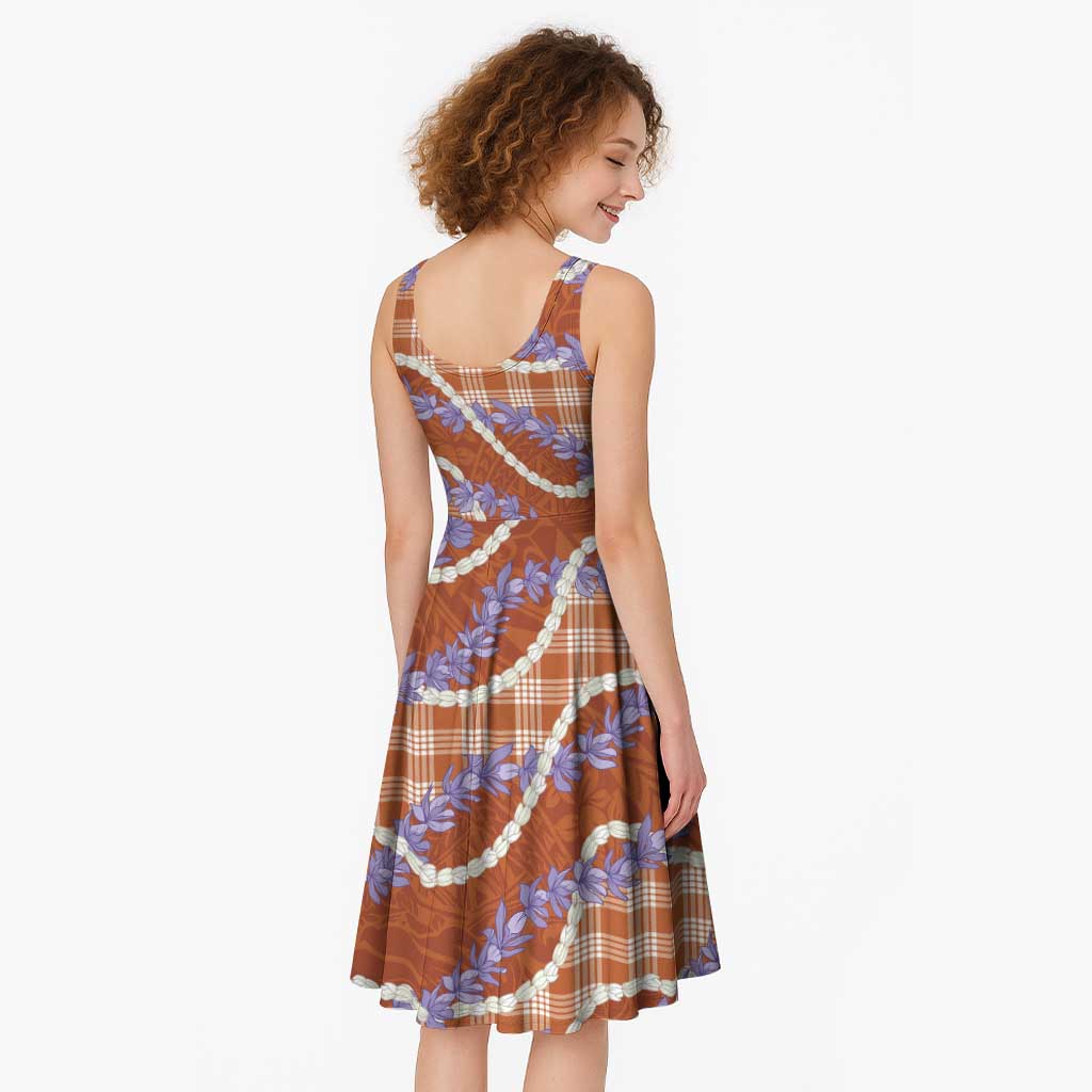 Orange Hawaii Palaka Honohono Pikake Midi Dress Hawaiian Orchid Lei Polynesian Pattern - Polynesian Pride