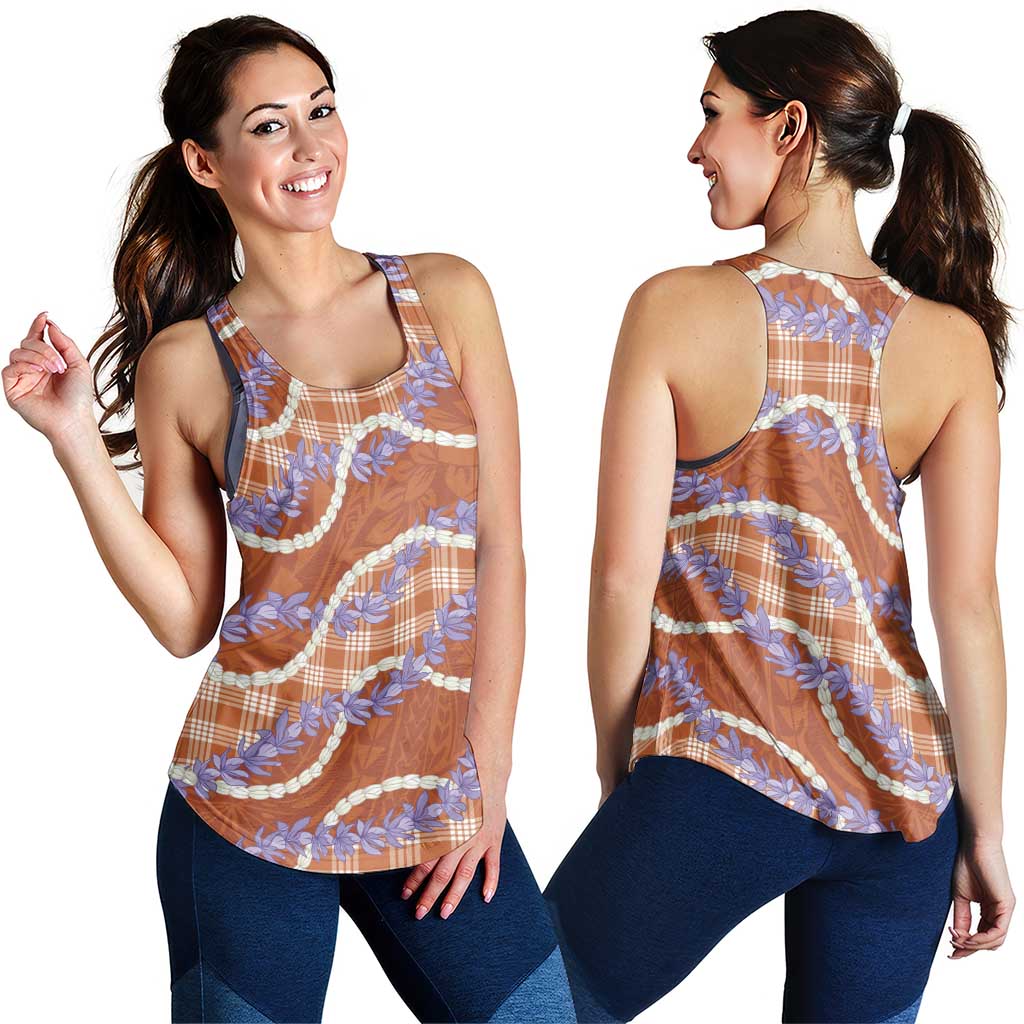 Orange Hawaii Palaka Honohono Pikake Women Racerback Tank Hawaiian Orchid Lei Polynesian Pattern - Polynesian Pride