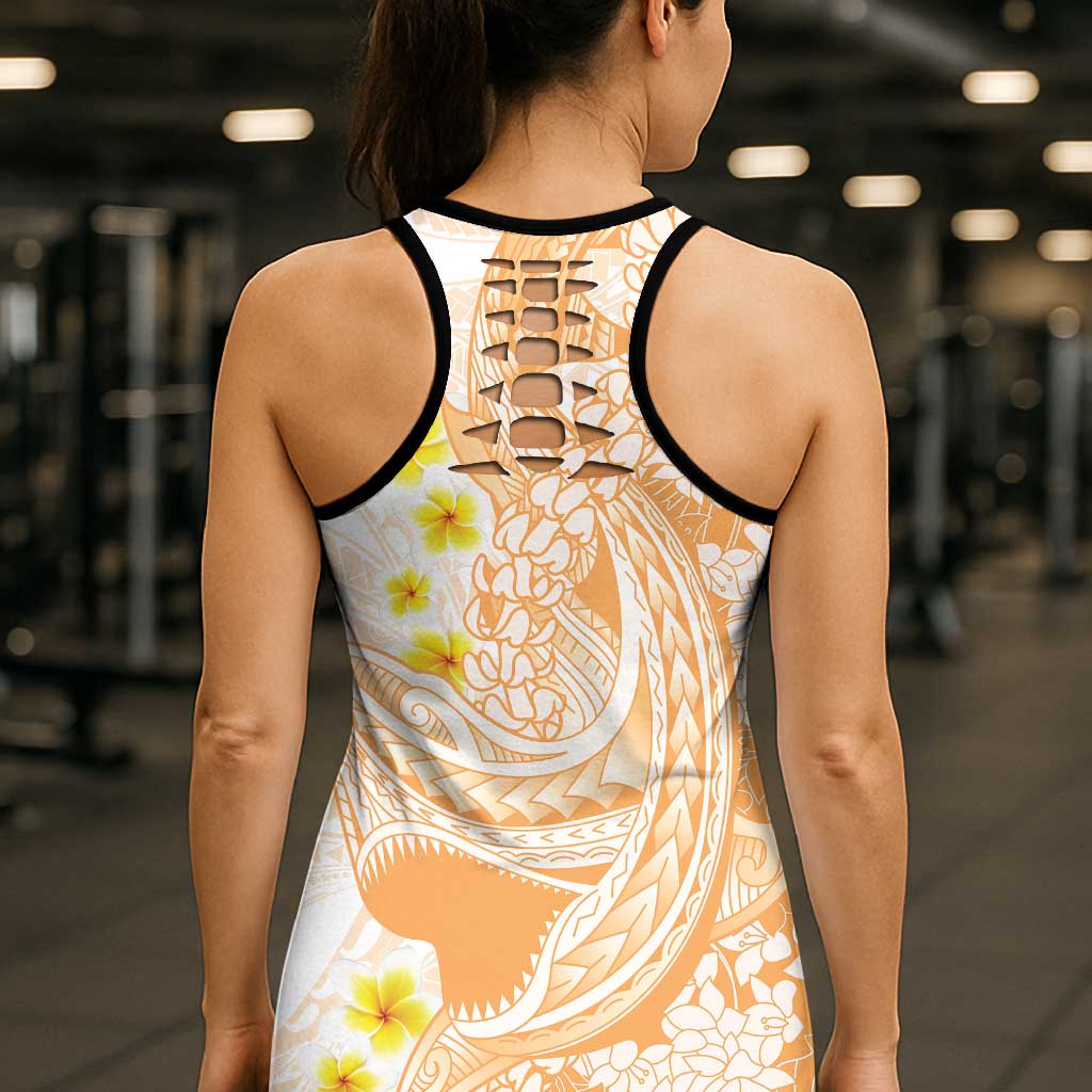 Orange Hawaii Shark Tattoo Hollow Tank Top Puakenikeni Lei Plumeria Polynesian Pattern