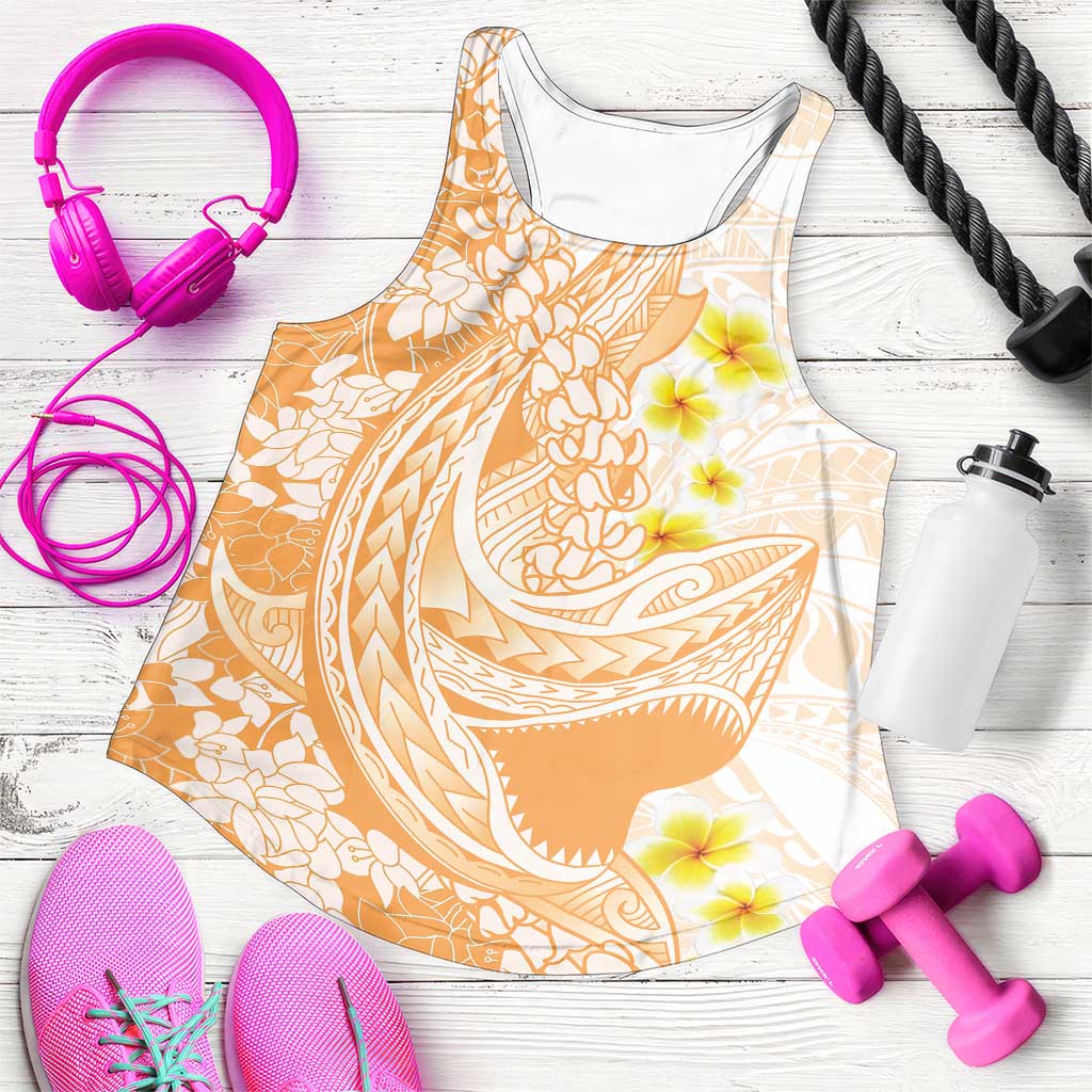 Orange Hawaii Shark Tattoo Women Racerback Tank Puakenikeni Lei Plumeria Polynesian Pattern
