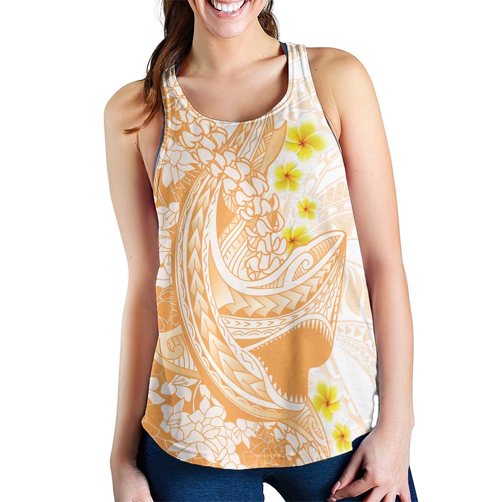 Orange Hawaii Shark Tattoo Women Racerback Tank Puakenikeni Lei Plumeria Polynesian Pattern
