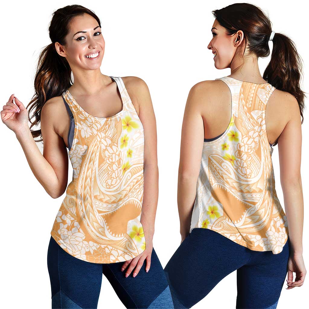 Orange Hawaii Shark Tattoo Women Racerback Tank Puakenikeni Lei Plumeria Polynesian Pattern