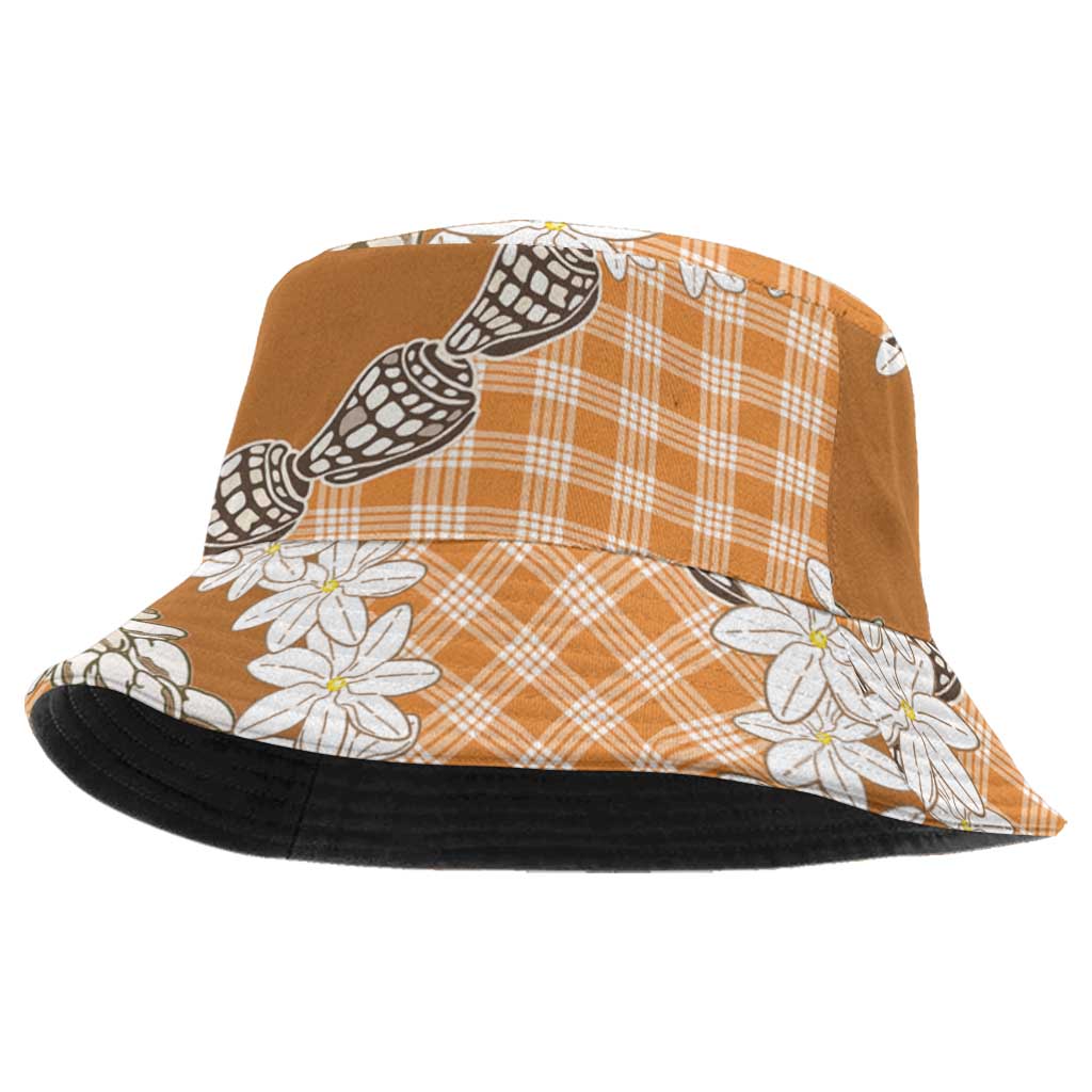 Orange Hawaii Tiare and Shell Lei Bucket Hat Hawaiian Palaka Luxury Vibes - Polynesian Pride