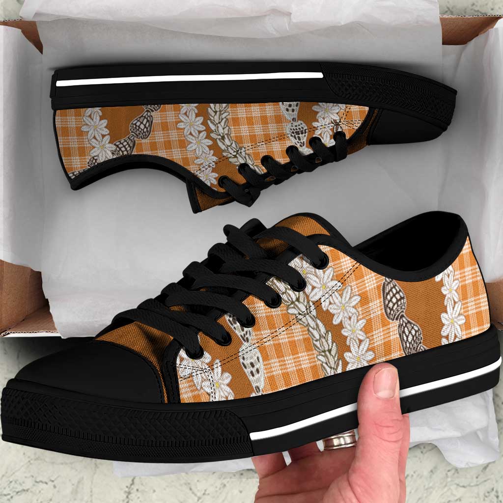 Orange Hawaii Tiare and Shell Lei Low Top Shoes Hawaiian Palaka Luxury Vibes LT14 Orange - Polynesian Pride