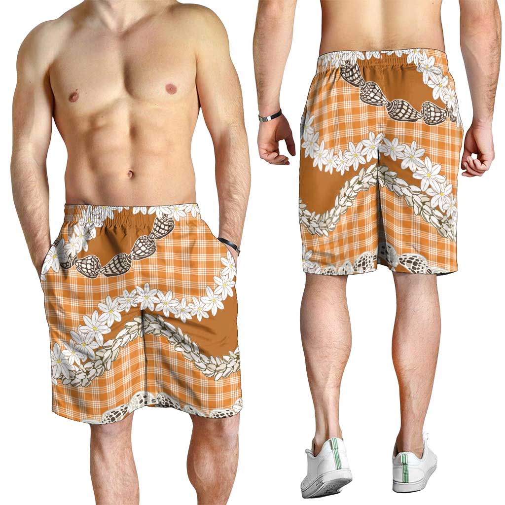 Orange Hawaii Tiare and Shell Lei Shorts for Men Hawaiian Palaka Luxury Vibes - Polynesian Pride