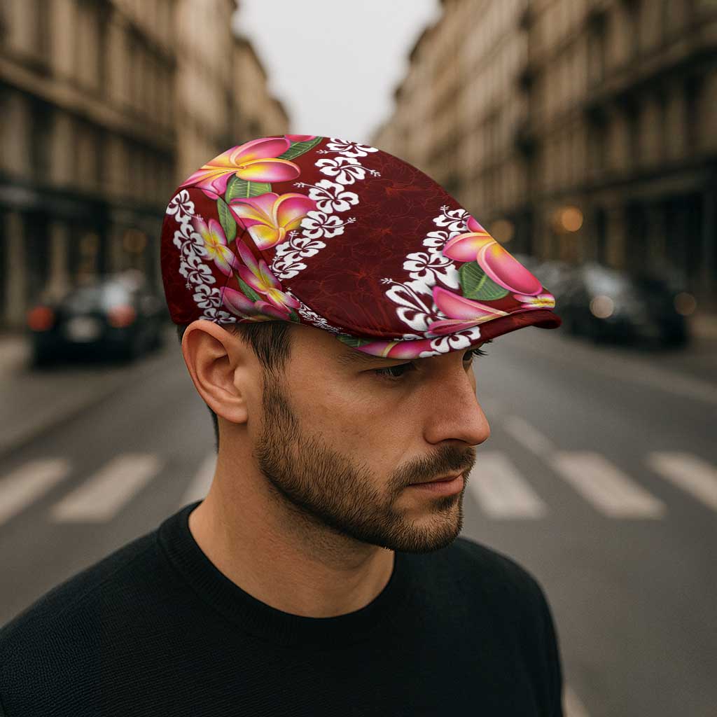 Oxblood Polynesia Jeff Hat Plumeria With Hibiscus Pattern Tropical Vibes - Polynesian Pride