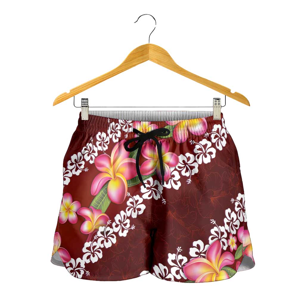 Oxblood Polynesia Shorts for Women Plumeria With Hibiscus Pattern Tropical Vibes - Polynesian Pride