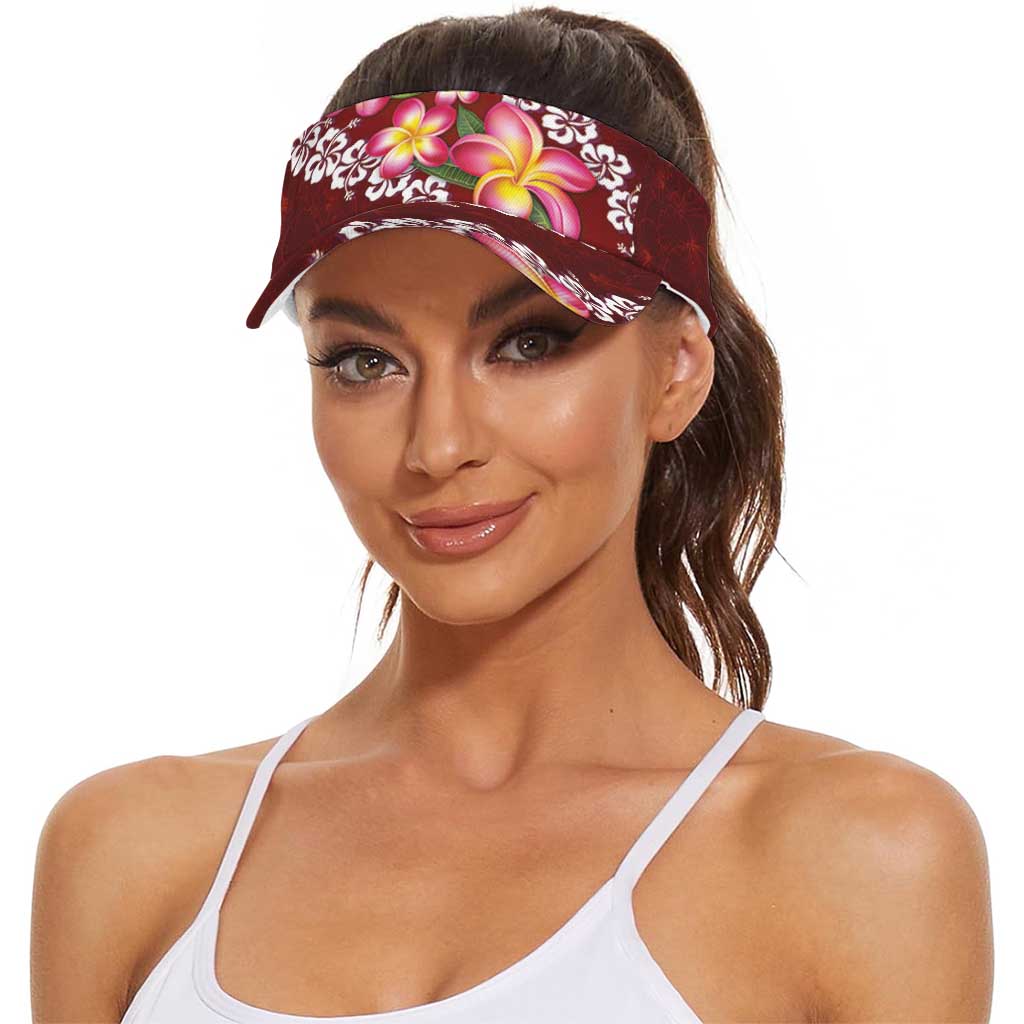 Oxblood Polynesia Sun Visor Cap Plumeria With Hibiscus Pattern Tropical Vibes LT14 - Polynesian Pride