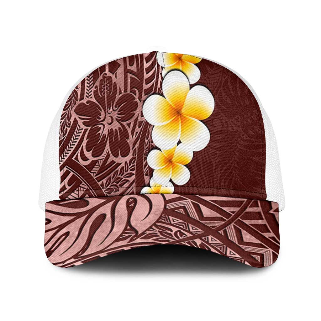 Oxblood Tropical Plumeria With Galaxy Polynesian Art Mesh Trucker Cap - Polynesian Pride