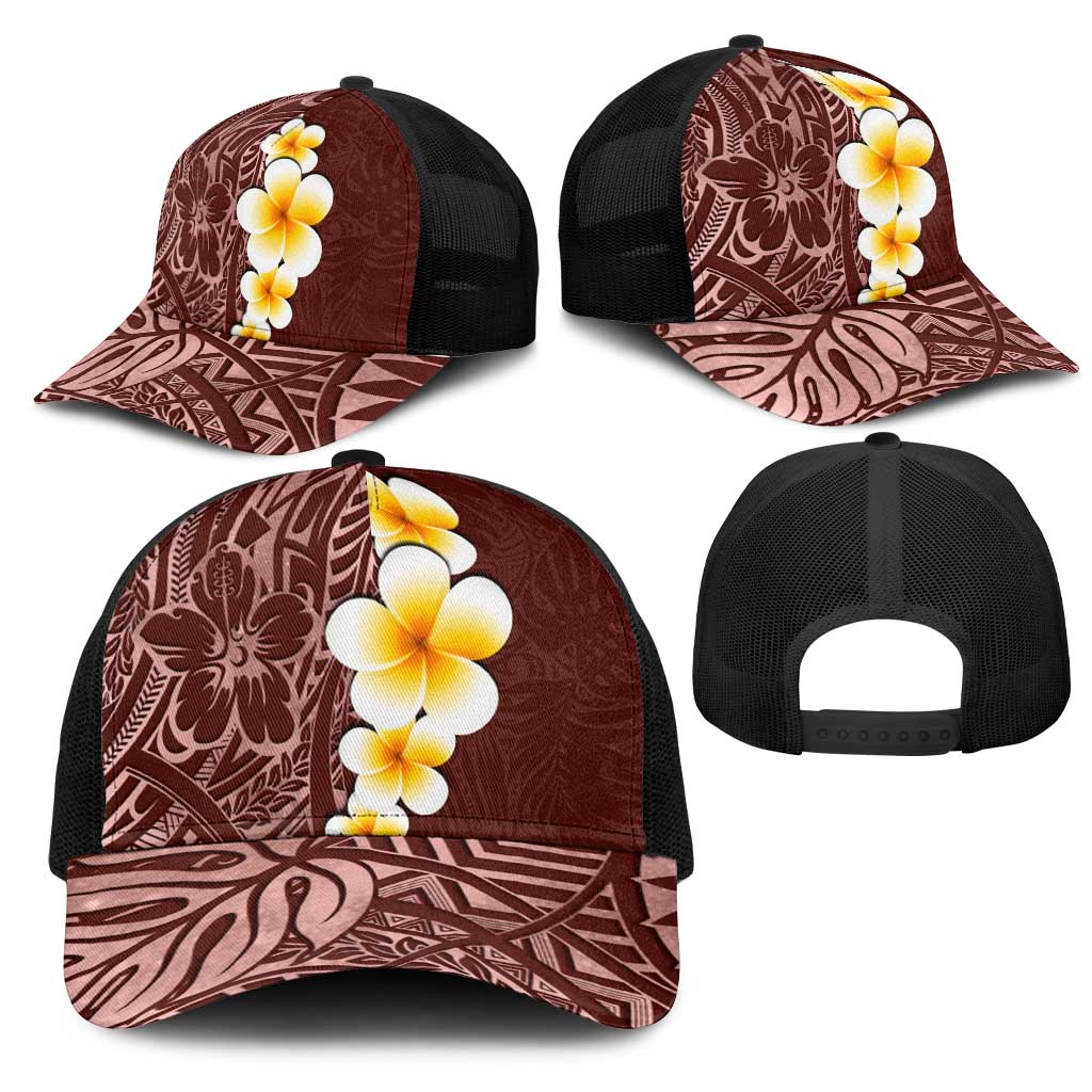 Oxblood Tropical Plumeria With Galaxy Polynesian Art Mesh Trucker Cap - Polynesian Pride