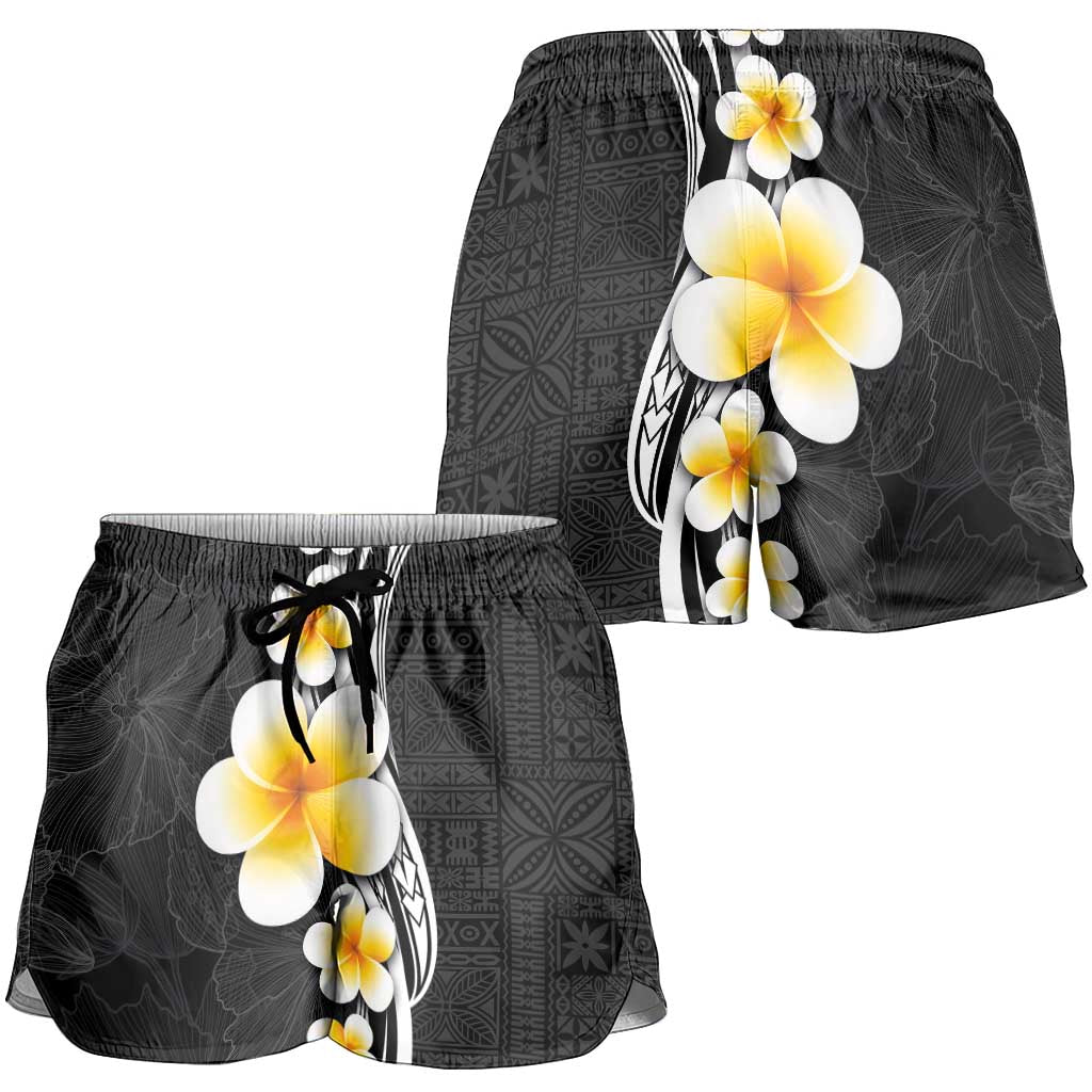 Pacific Hibiscus and Plumeria Tapa Pattern Shorts for Women Black Color - Polynesian Pride