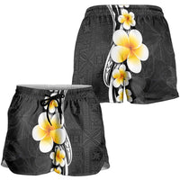 Pacific Hibiscus and Plumeria Tapa Pattern Shorts for Women Black Color - Polynesian Pride