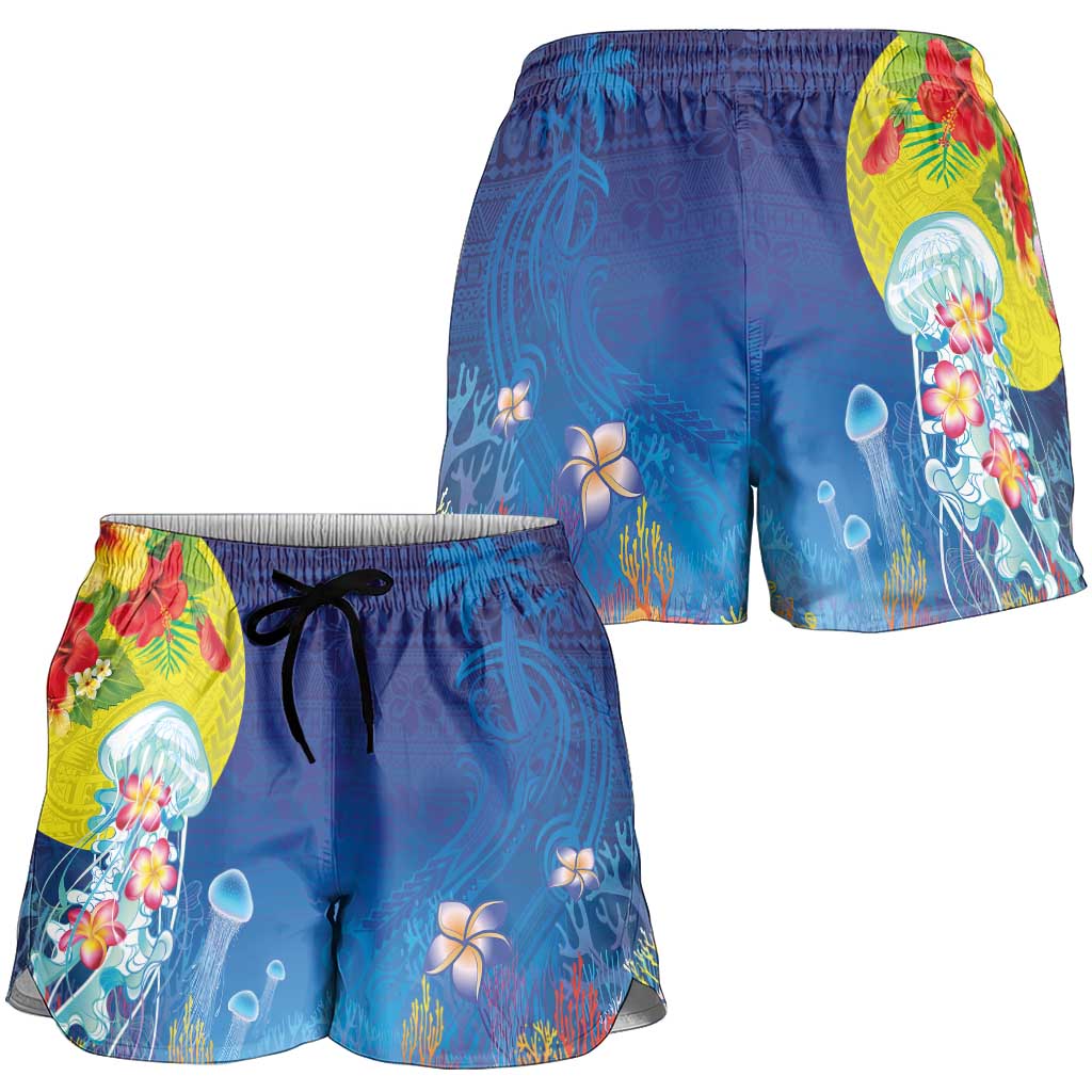 Palau Shorts for Women Jellyfish with Coral Reefs Ocean Vibe and Tapa Pattern LT03 - Polynesian Pride