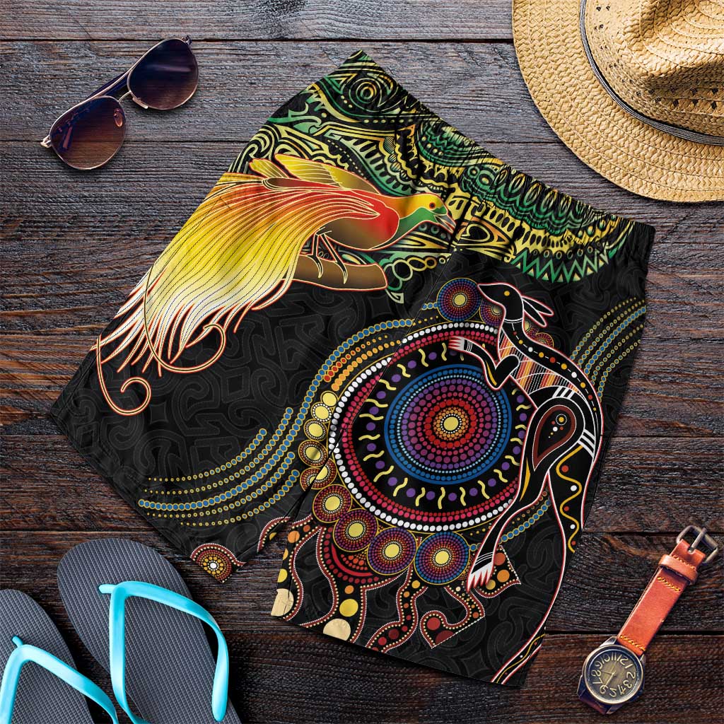 Papua New Guinea and Australia Together Shorts for Men Bird of Paradise and Kangaroo Melanesian Aboriginal Motifs LT03 Black - Polynesian Pride