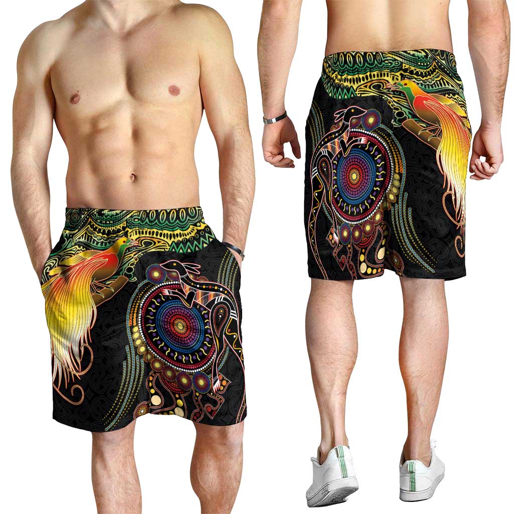 Papua New Guinea and Australia Together Shorts for Men Bird of Paradise and Kangaroo Melanesian Aboriginal Motifs LT03 - Polynesian Pride
