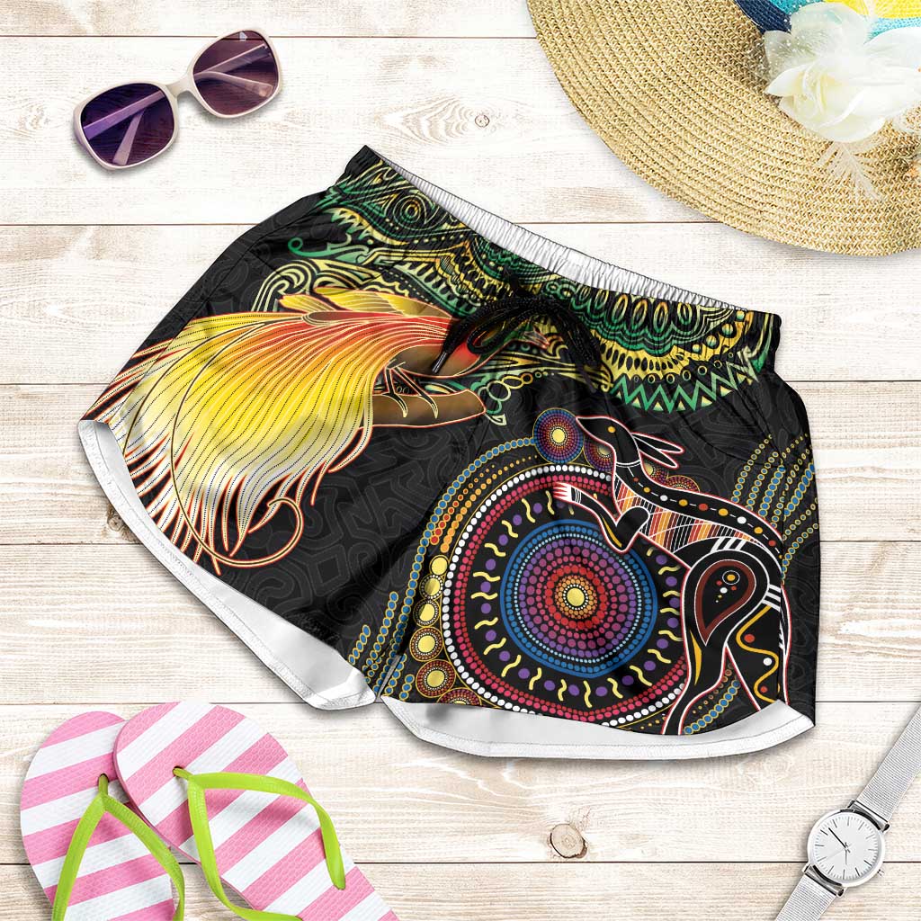 Papua New Guinea and Australia Together Shorts for Women Bird of Paradise and Kangaroo Melanesian Aboriginal Motifs LT03 Black - Polynesian Pride