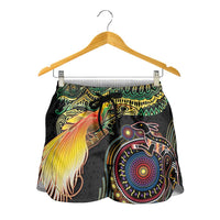 Papua New Guinea and Australia Together Shorts for Women Bird of Paradise and Kangaroo Melanesian Aboriginal Motifs LT03 - Polynesian Pride