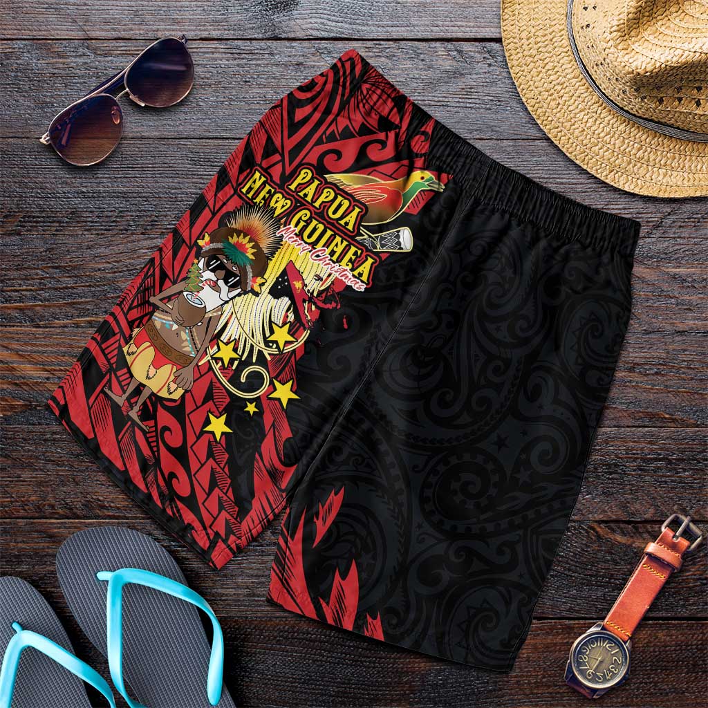 Papua New Guinea Christmas Shorts for Men Funny Melanesian Santa with Bird-of-paradise Tribal Style LT03 Black - Polynesian Pride