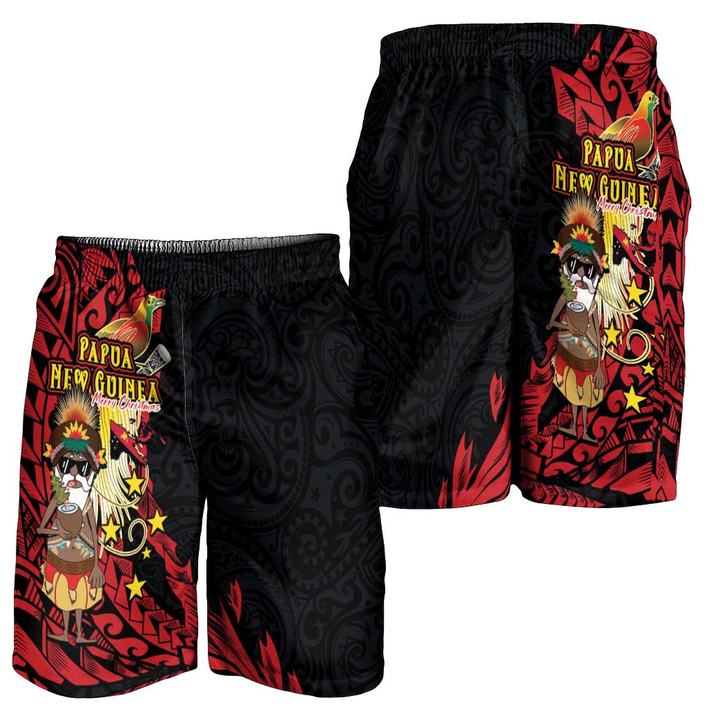 Papua New Guinea Christmas Shorts for Men Funny Melanesian Santa with Bird-of-paradise Tribal Style LT03 - Polynesian Pride