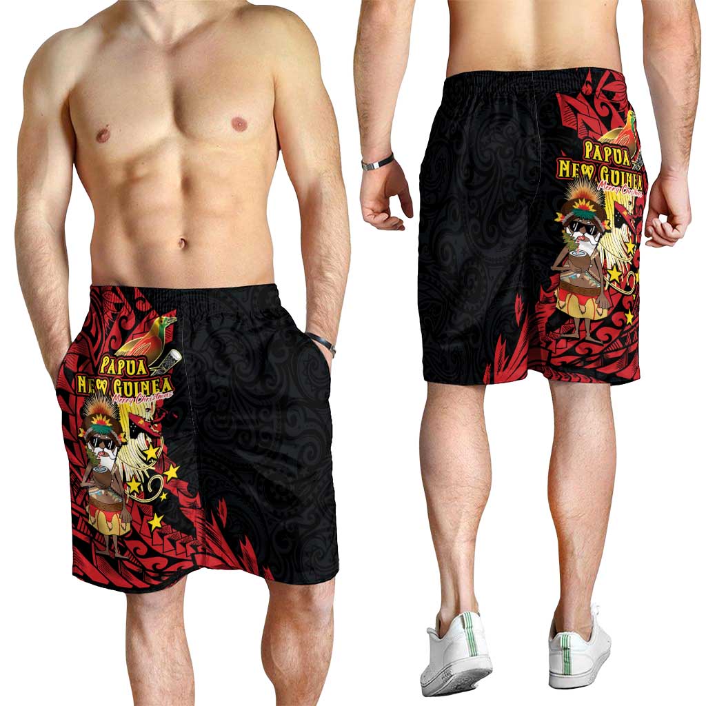 Papua New Guinea Christmas Shorts for Men Funny Melanesian Santa with Bird-of-paradise Tribal Style LT03 - Polynesian Pride