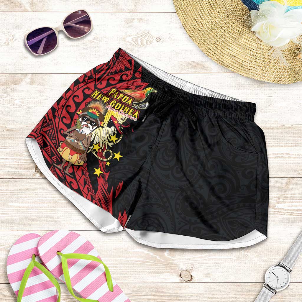 Papua New Guinea Christmas Shorts for Women Funny Melanesian Santa with Bird-of-paradise Tribal Style LT03 Black - Polynesian Pride