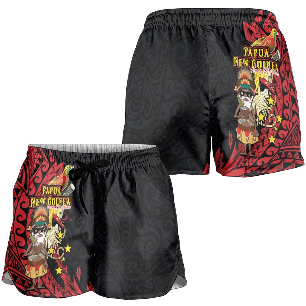 Papua New Guinea Christmas Shorts for Women Funny Melanesian Santa with Bird-of-paradise Tribal Style LT03 - Polynesian Pride