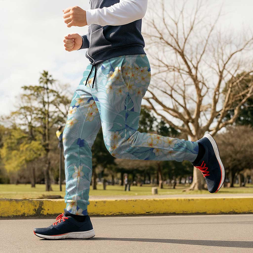 Pastel Cyan Tropical Hawaii Jogger Pants Seamless Monstera Plumeria Hawaiian Pattern - Polynesian Pride