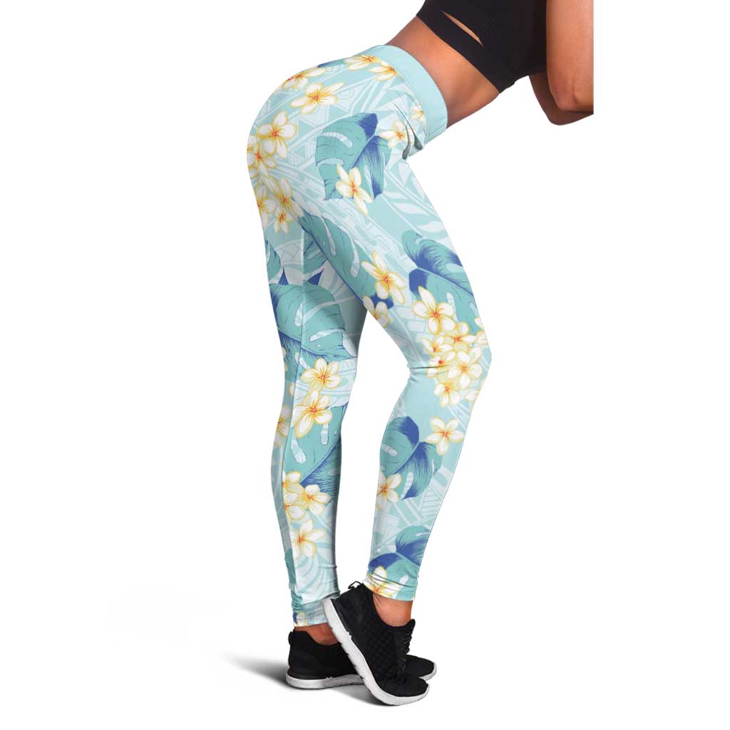 Pastel Cyan Tropical Hawaii Leggings Seamless Monstera Plumeria Hawaiian Pattern - Polynesian Pride