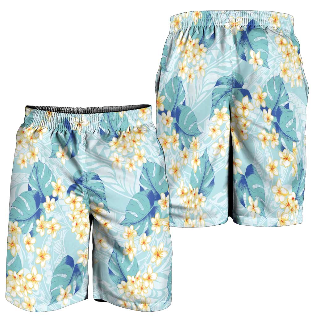 Pastel Cyan Tropical Hawaii Shorts for Men Seamless Monstera Plumeria Hawaiian Pattern LT14 - Polynesian Pride
