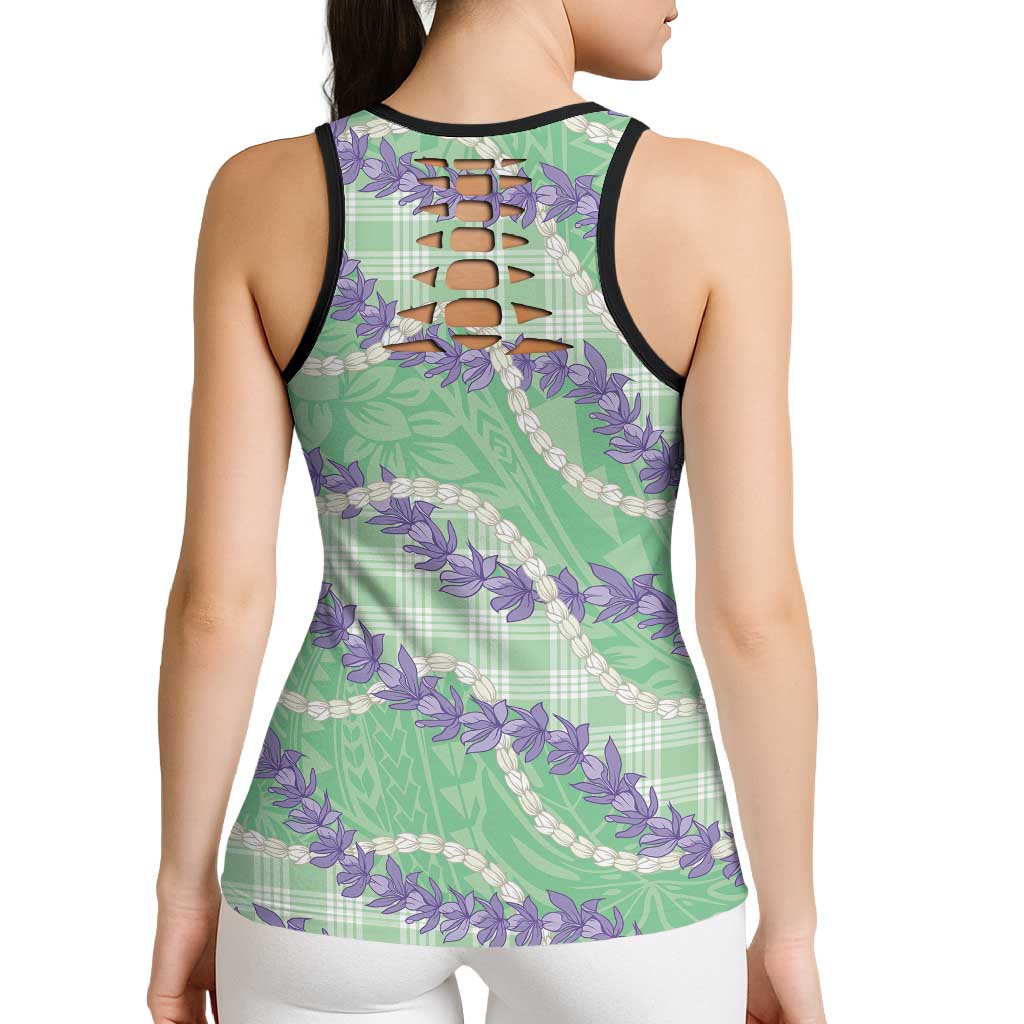 Pastel Green Hawaii Palaka Honohono Pikake Hollow Tank Top Hawaiian Orchid Lei Polynesian Pattern - Polynesian Pride