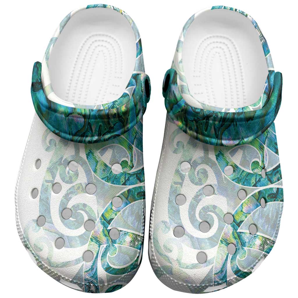 Paua Shell Maori Clogs Shoes Koru Kowhaiwhai LT7 White - Polynesian Pride