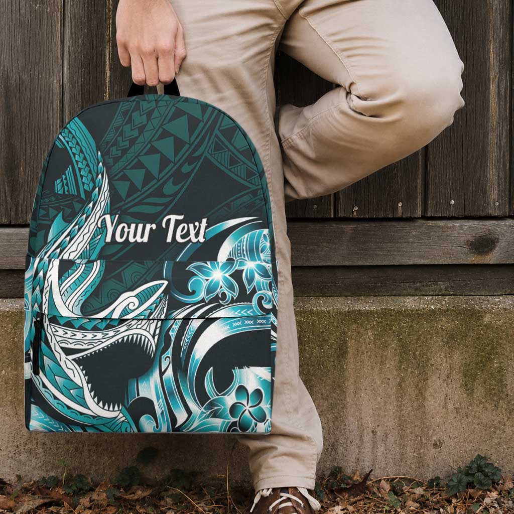 Personalized Hawaii Shark Tattoo Backpack Hawaiian Pattern Plumeria Cyan