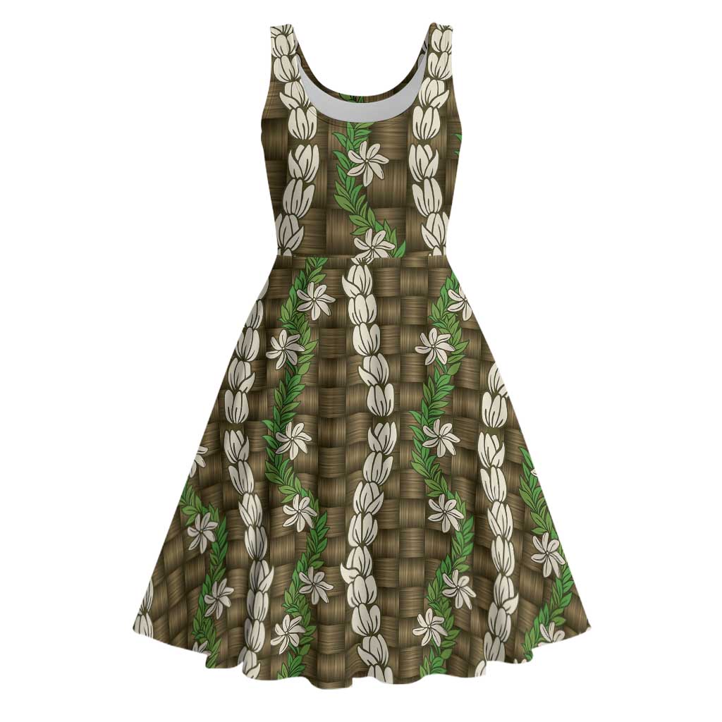 Pikake Maile Tiare Lei Midi Dress Natural Lauhala Pattern