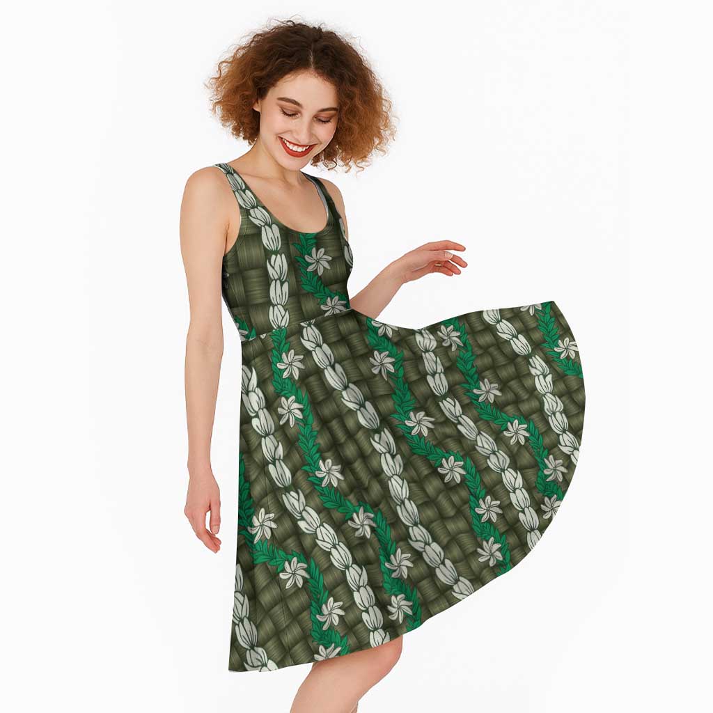 Pikake Maile Tiare Lei Midi Dress Omaomao Lauhala Pattern